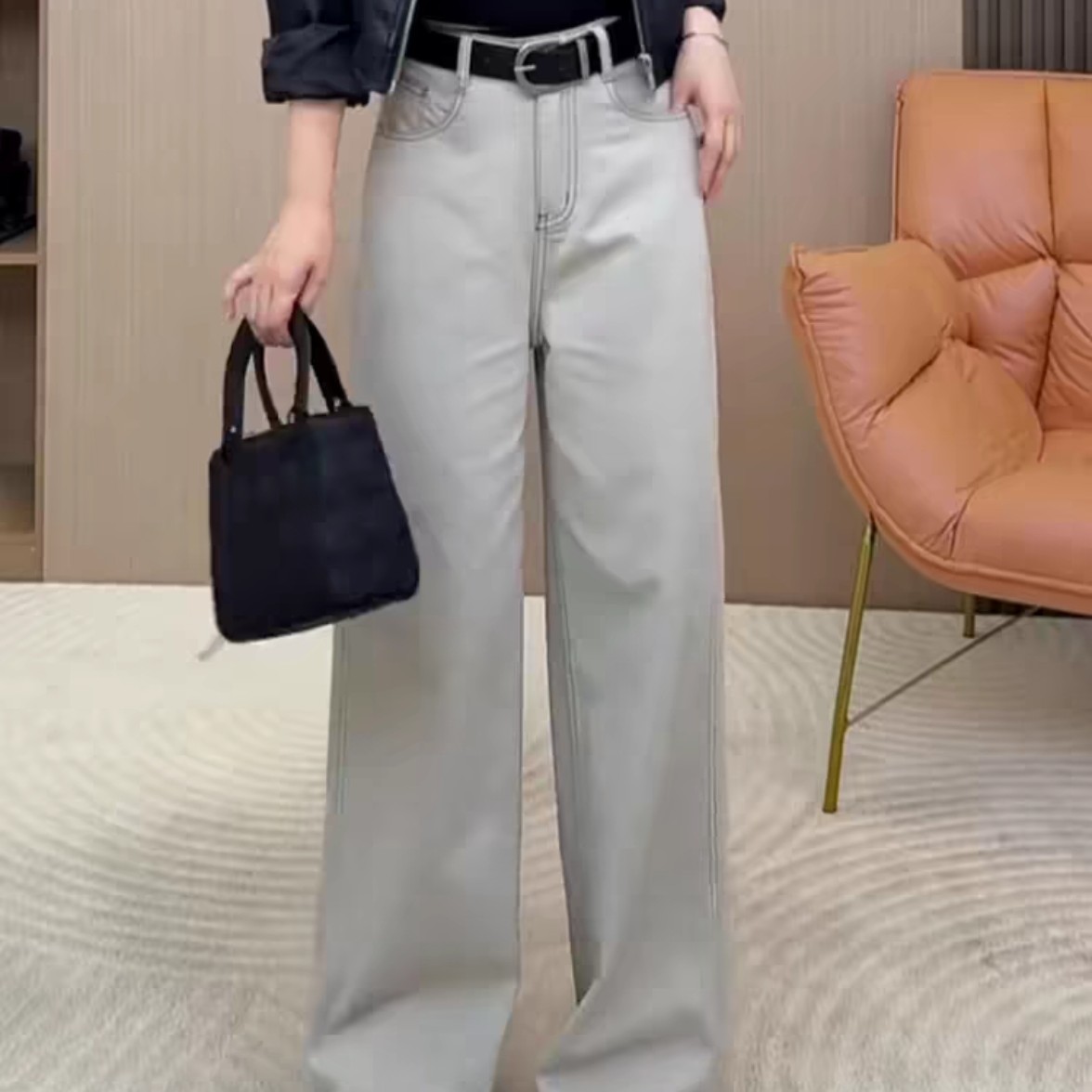 25125莫兰迪浅灰色直筒牛仔裤女2025新款高腰宽松百搭窄版阔腿裤