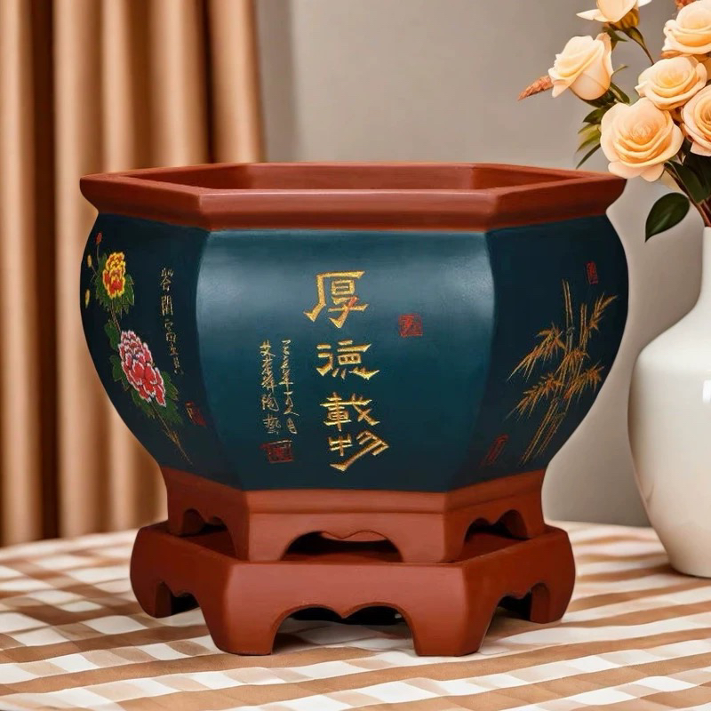 宜兴紫砂盆高端花盆六方大口径盆景盆陶瓷手工盆栽盆带托