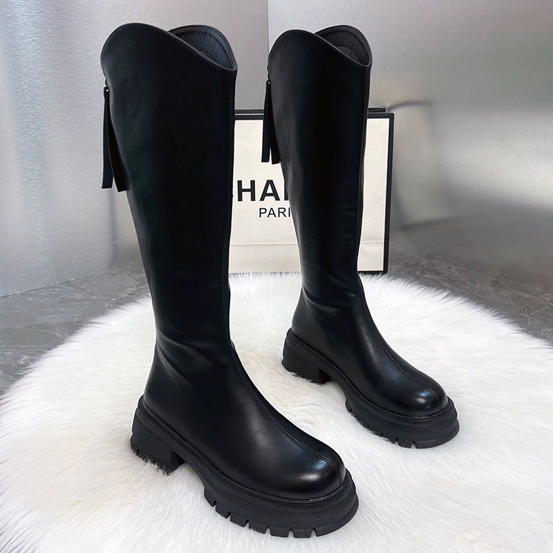 高筒赵露思时尚骑士靴软皮马蹄跟厚底同款长靴子机车靴增高2025年