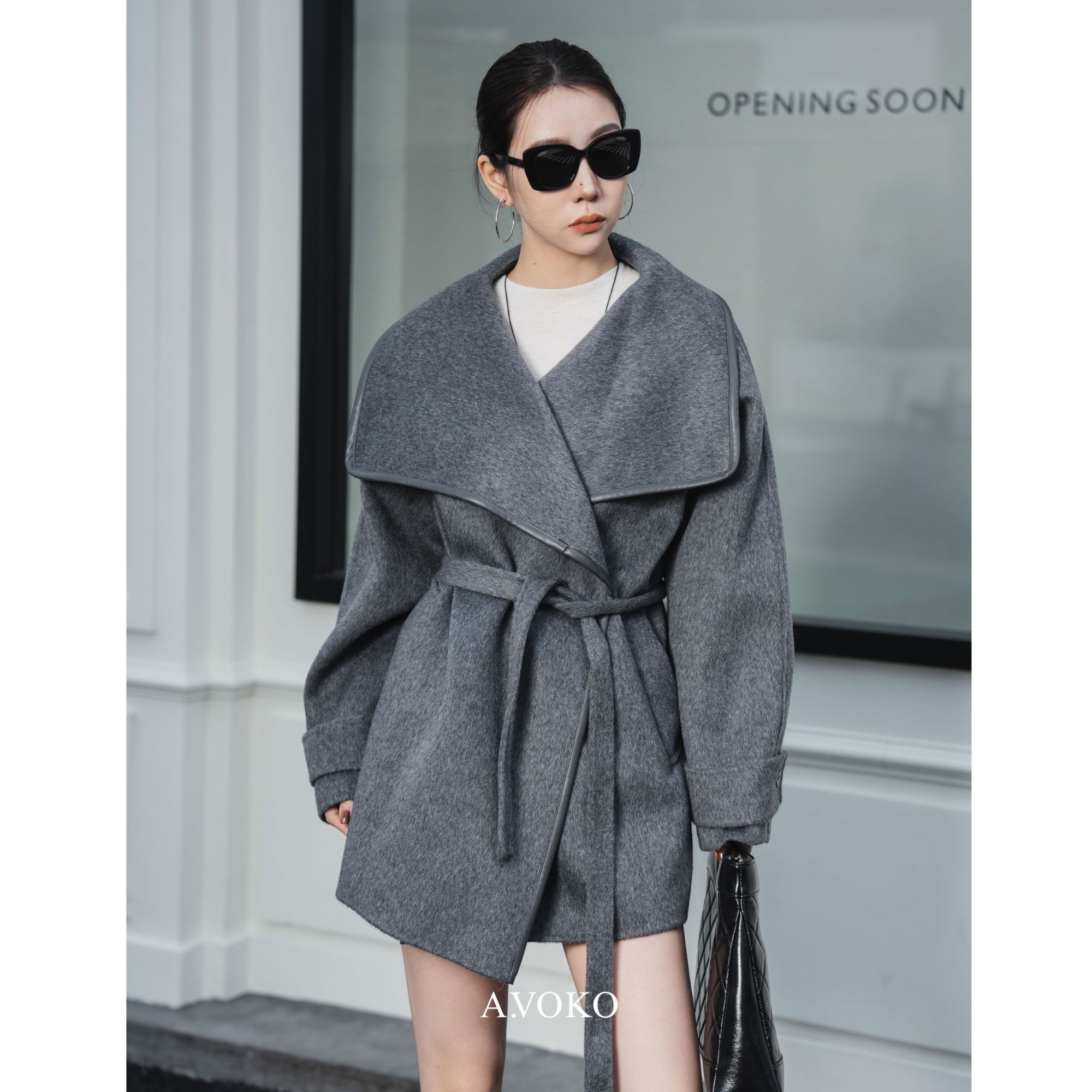 “香榭丽大道”大翻领宽松显瘦浴袍风中长款羊毛双面呢大衣外套