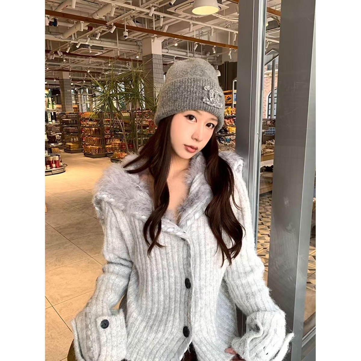 【高品质】慵懒风灰色拼接毛毛领毛衣外套女秋冬设计感宽松显瘦