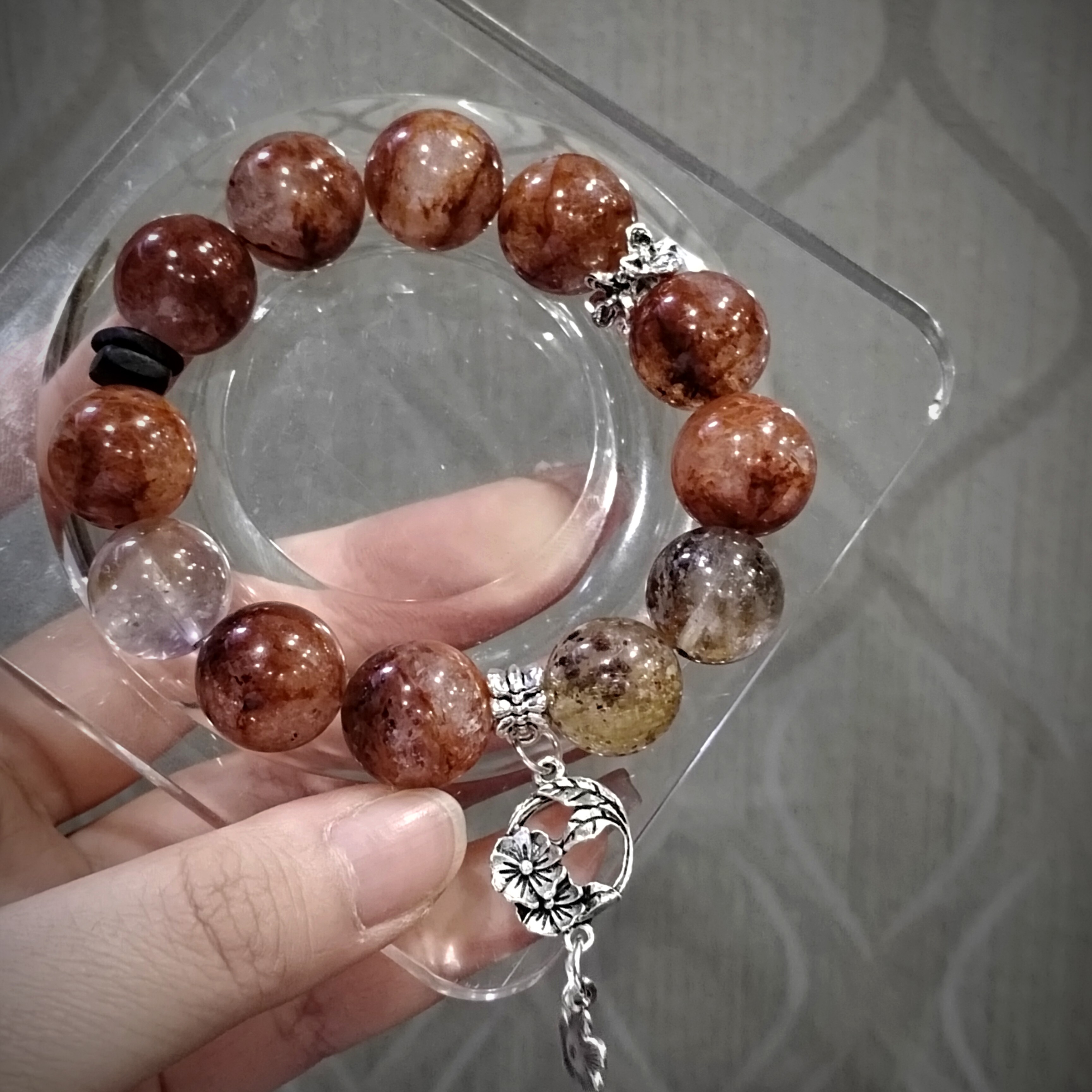 铜合金木质手链 设计款红胶花橙胶花幽灵，火凤凰幽灵，古银配饰