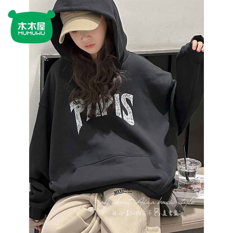 木木屋美式女童连帽上衣秋冬装新款儿童加绒加厚字母印花洋气卫衣