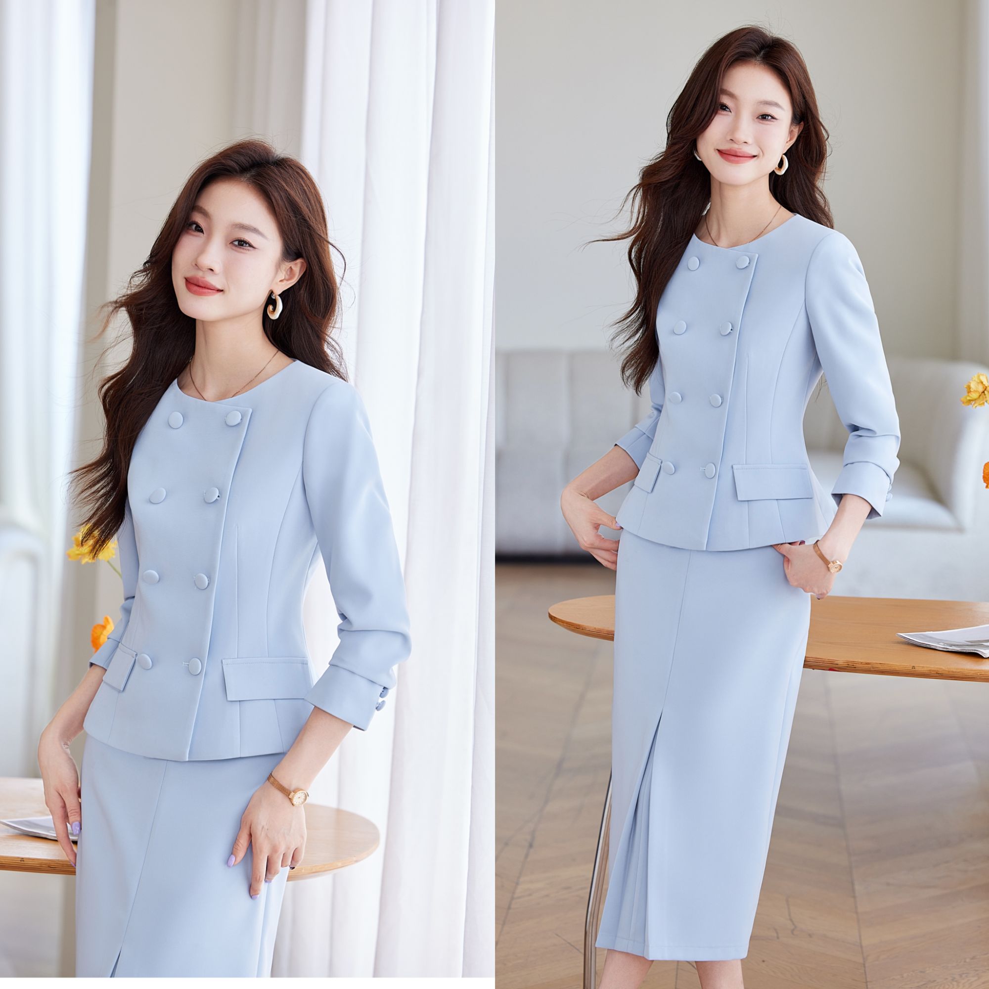 春季新款轻职风港风时尚套装蓝色女神范春秋工作面试职业套裙