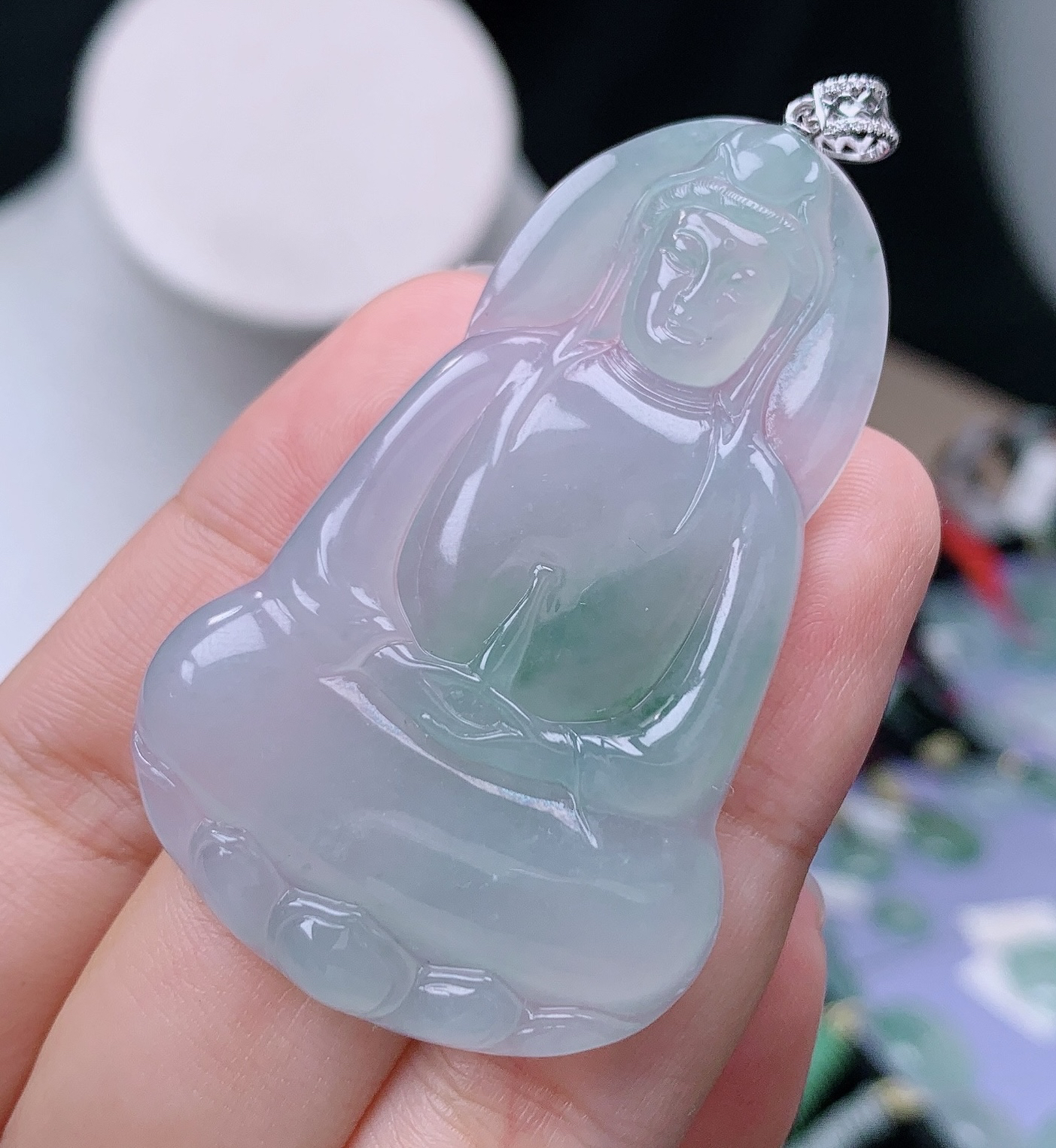 缅甸翡翠A货老坑18k冰种飘花素衣观音吊坠揭阳62.6^55.7*35.3*5.3