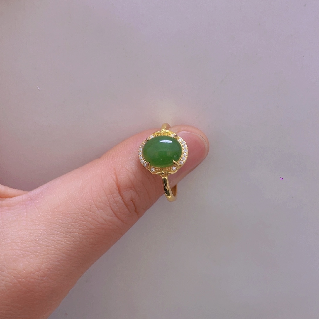 和田玉戒指银S925镀金镶嵌