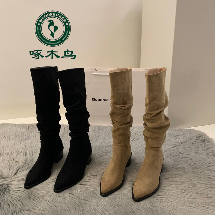 啄木鸟粗跟尖头骑士靴女2025新款秋冬长筒堆堆靴瘦瘦西部牛仔长靴