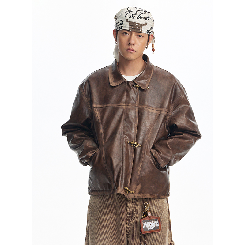 CoosRetro 秋季新款美式复古男士擦色做旧飞机扣棉服皮衣休闲外套