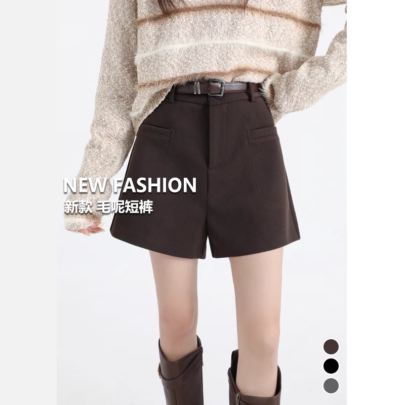 咖色毛呢短裤秋冬女a字大码高腰百搭外穿小个子五分显瘦休闲靴裤