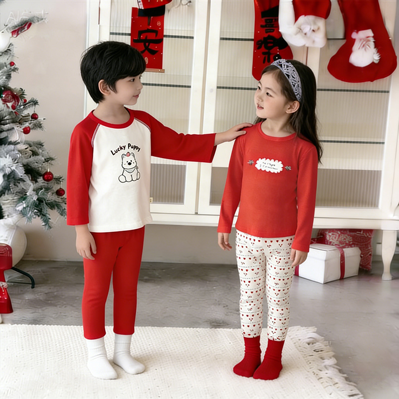 儿童冬季男女宝内衣新年款套装长绒棉家居服TZ25863