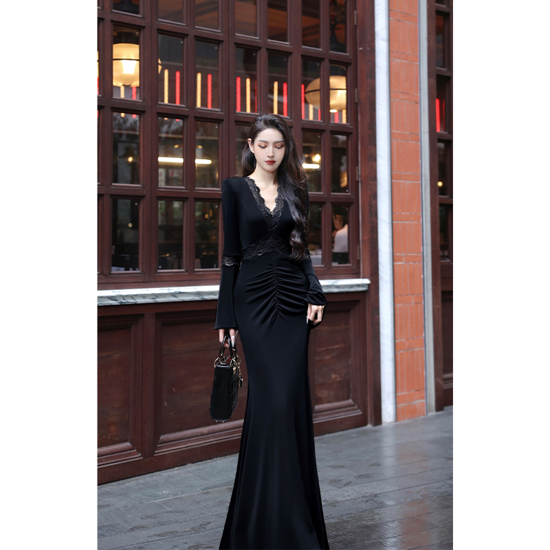 【尤克菲儿】原创设计轻奢醋酸拼接蕾丝长裙显瘦气质名媛连衣裙