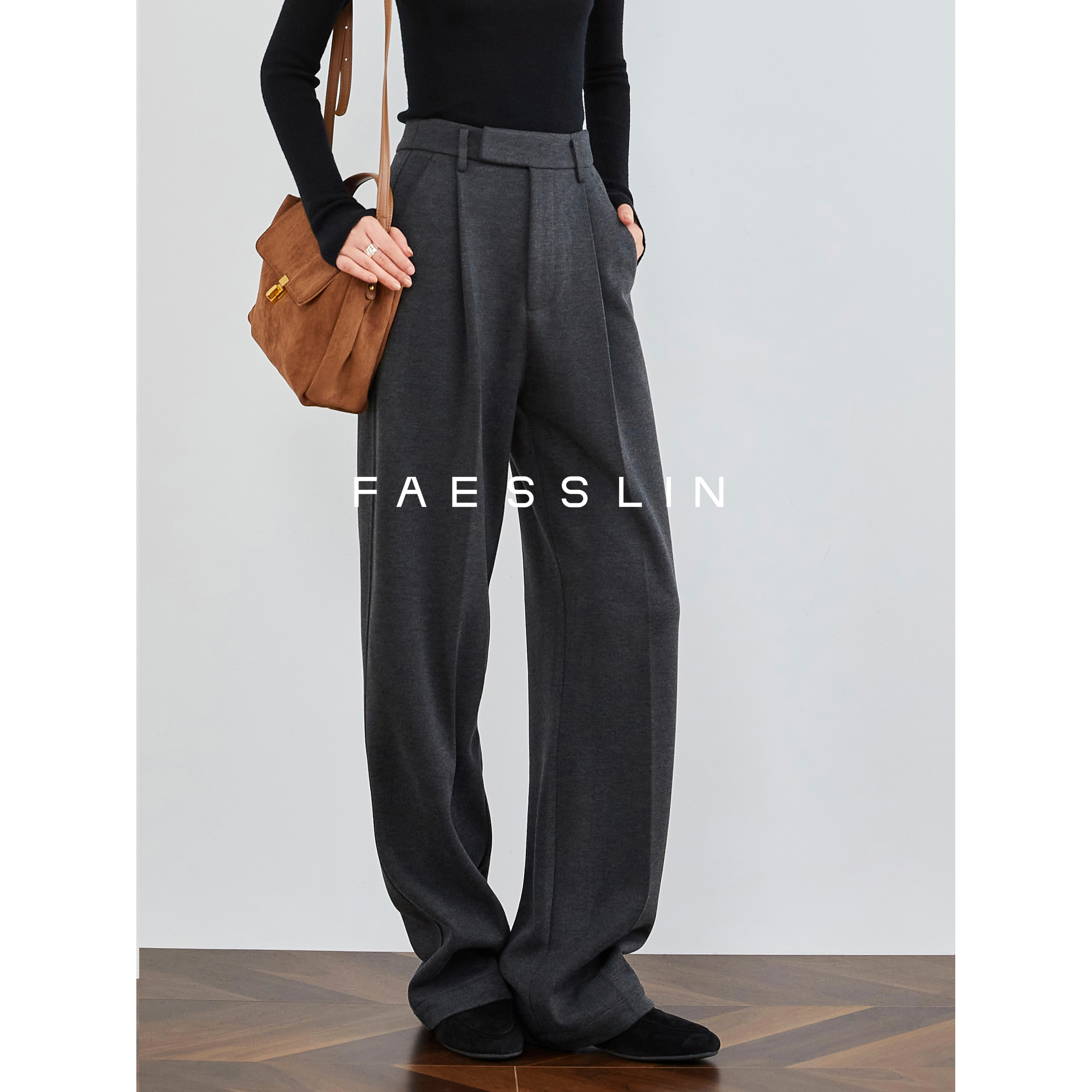 FAESSLIN【醋酸羊毛】老钱风西装裤灰色毛呢阔腿裤休闲西裤女秋冬