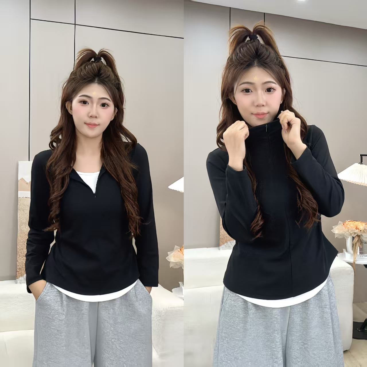 薄款+加厚绒 66秋冬季高级感正肩洋气精致假两件修身显瘦遮肉T恤