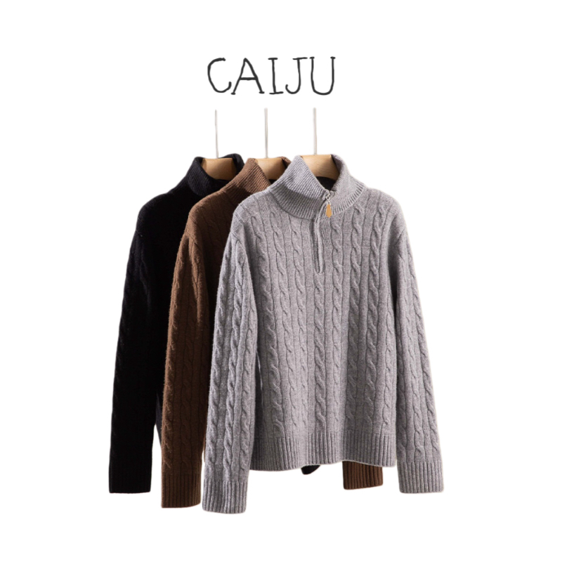 【CAIJU/2025】极简立领绞花100%羊毛加厚半拉链长袖休闲套头毛衣