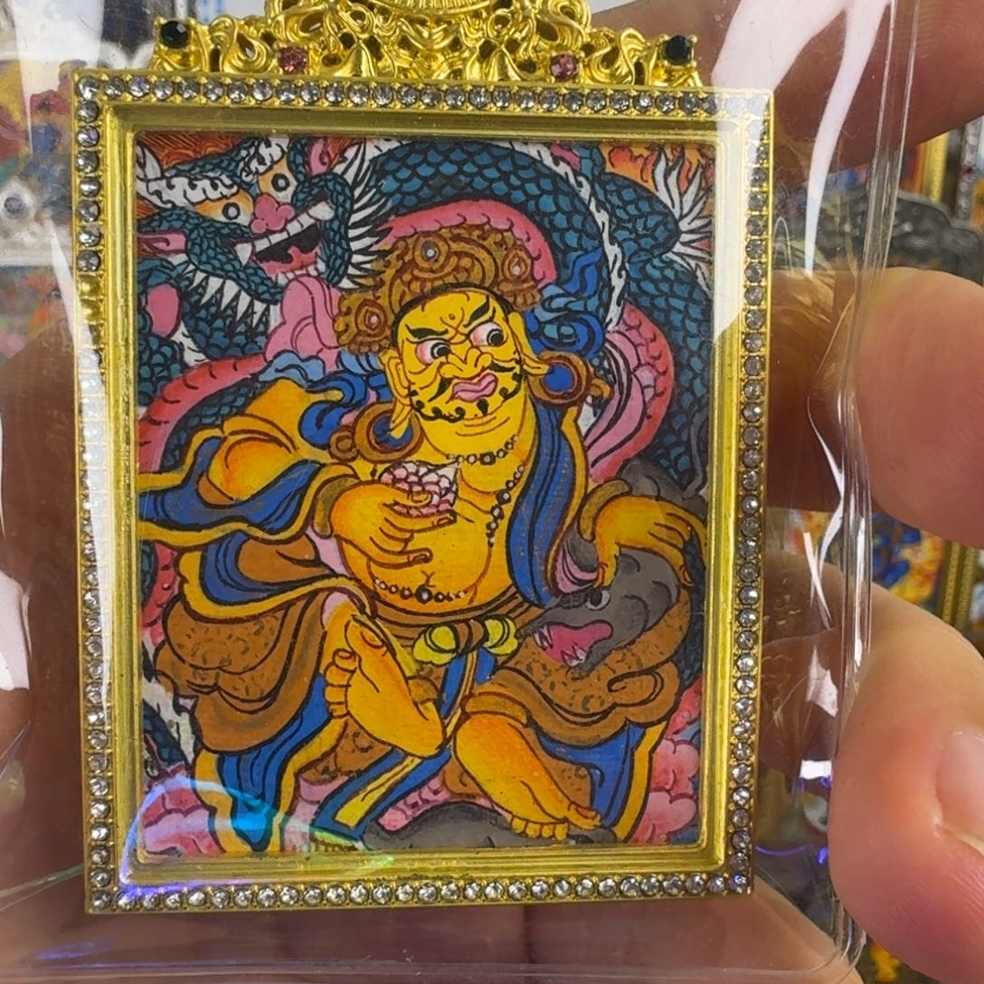 吊坠纯手绘双面黄财神唐卡