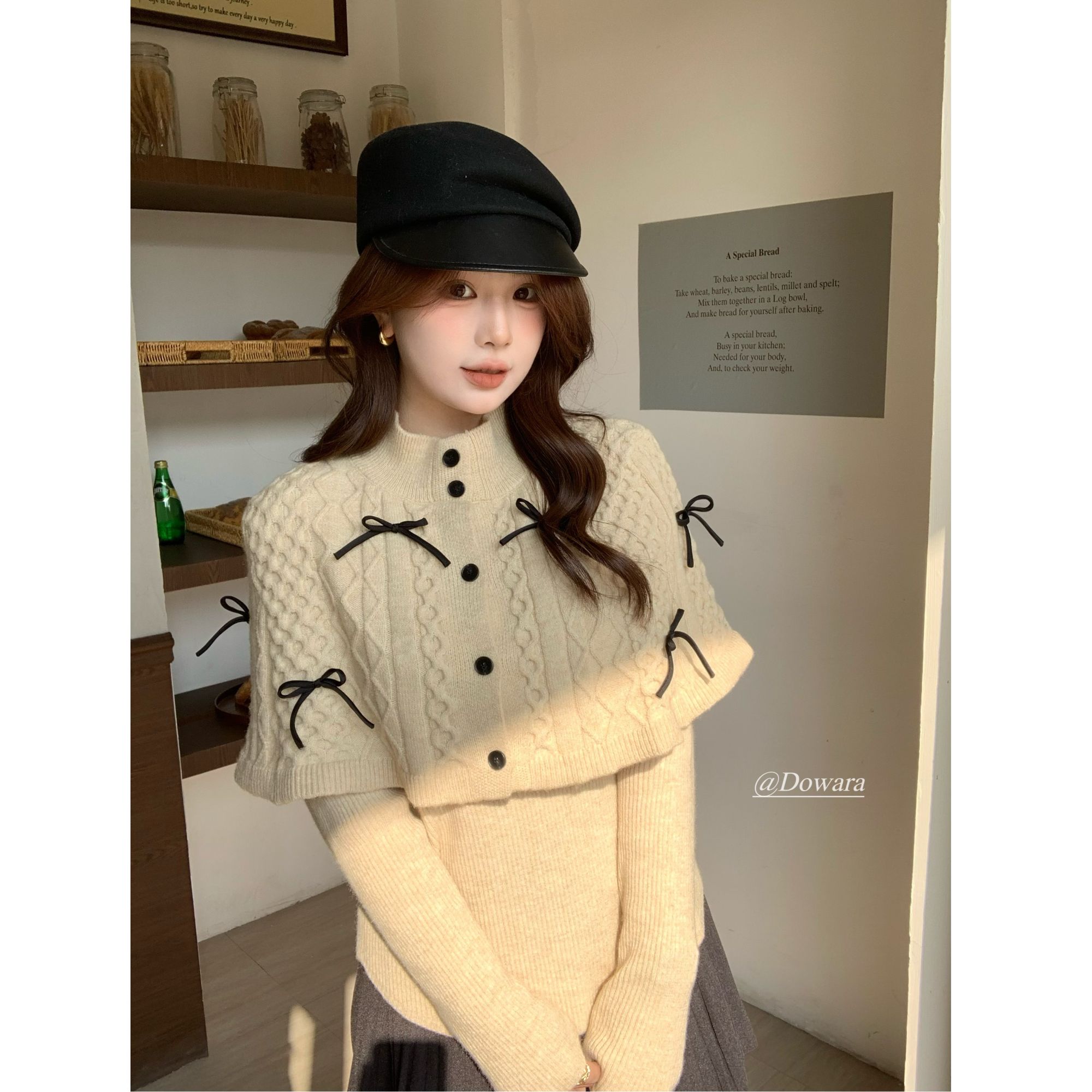 现货大婉酱千千微胖定制 韩系长袖针织衫披肩斗篷两件套套装7913D