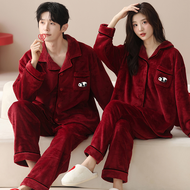 买1赠1法兰绒结婚红色睡衣女秋冬新婚加绒加厚保暖情侣家居服套装