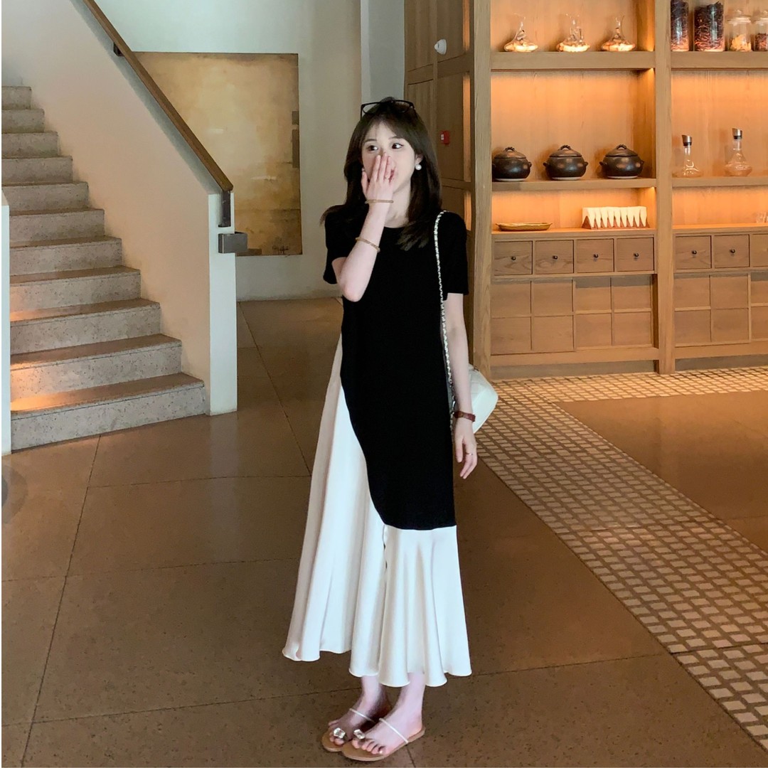 夏季时尚韩版黑白拼接假两件连衣裙中长款拼接设计感小个子显瘦
