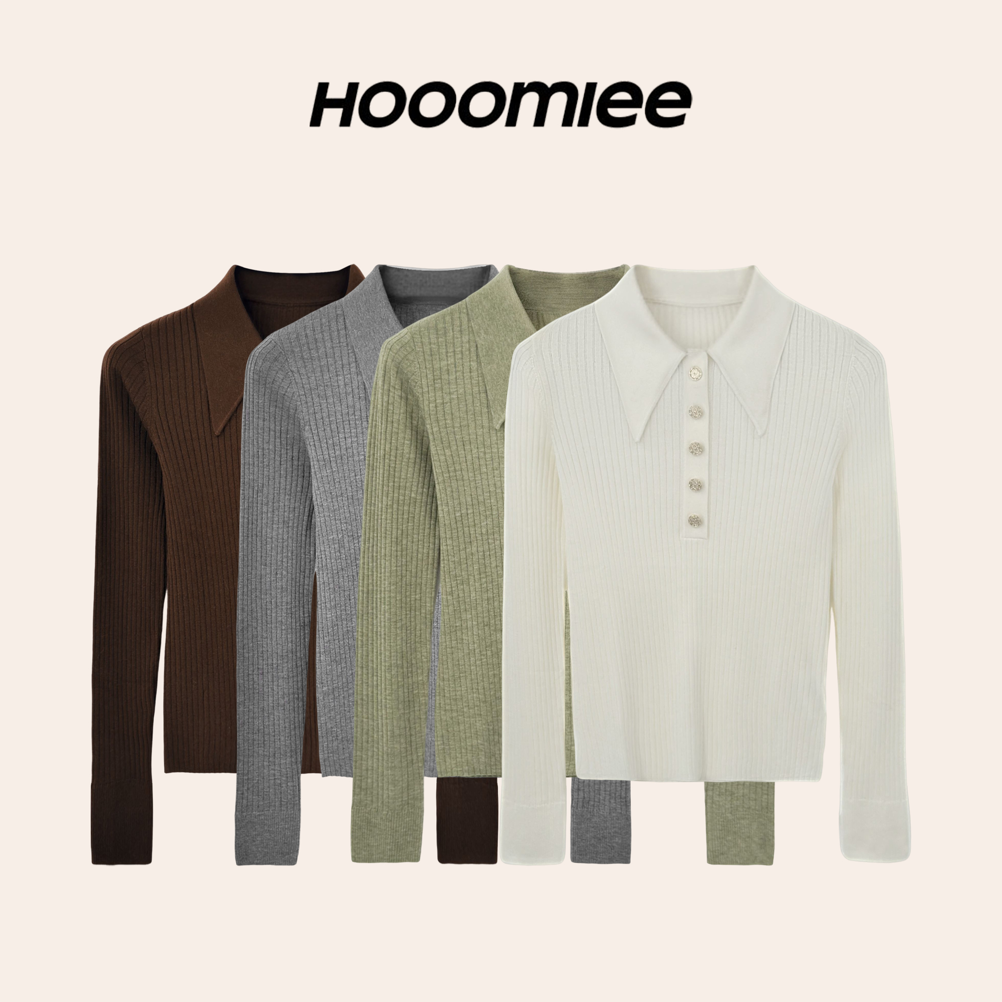 Hooomiee 微醺polo 桑蚕丝羊毛坑条长袖女士针织开衫ML25150