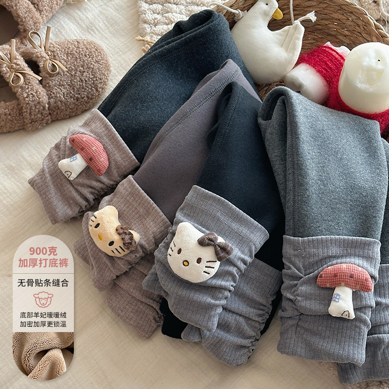 女童猫咪加厚暖绒打底裤韩系儿童百搭高腰一体绒修身无骨加绒裤，