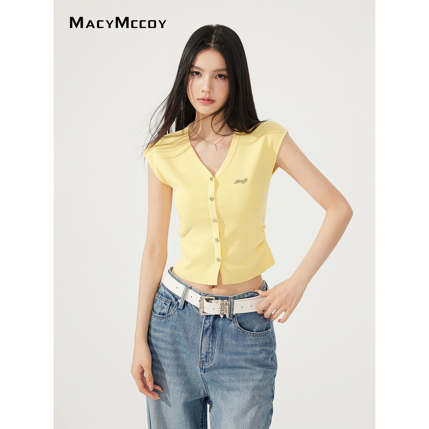 【熊小姐专享】MacyMccoy V领褶皱针织上衣女亲肤凉爽显瘦上衣