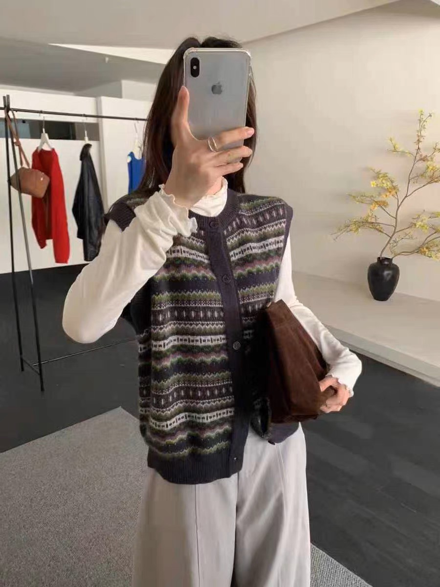 新款百搭时尚简约气质韩系拼色提花显瘦气质马甲570