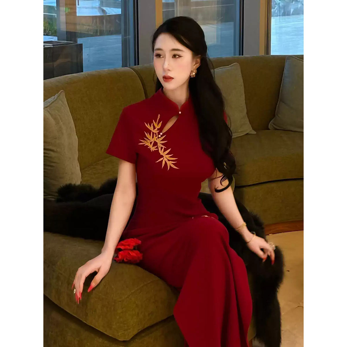 画报夫人新款夏季新中式国风改良印花旗袍短袖红竹国风气质修身连