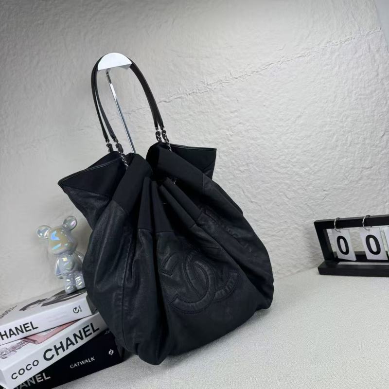 95新 Chanel/香奈儿 黑银珠光皮拼帆布烧麦单肩包 底长37 13开