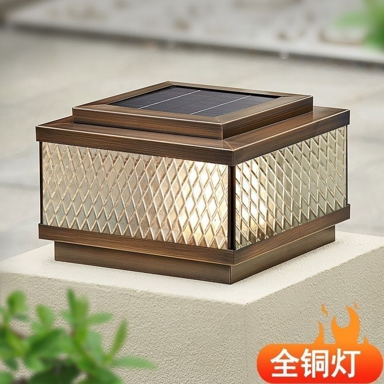 全铜新款太阳能柱头灯户外庭院灯大门简约防水别墅围墙柱子灯