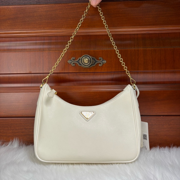 99新 Prada/普拉达 白色十字纹牛皮hobo链条单肩包腋下包煜橦奢品