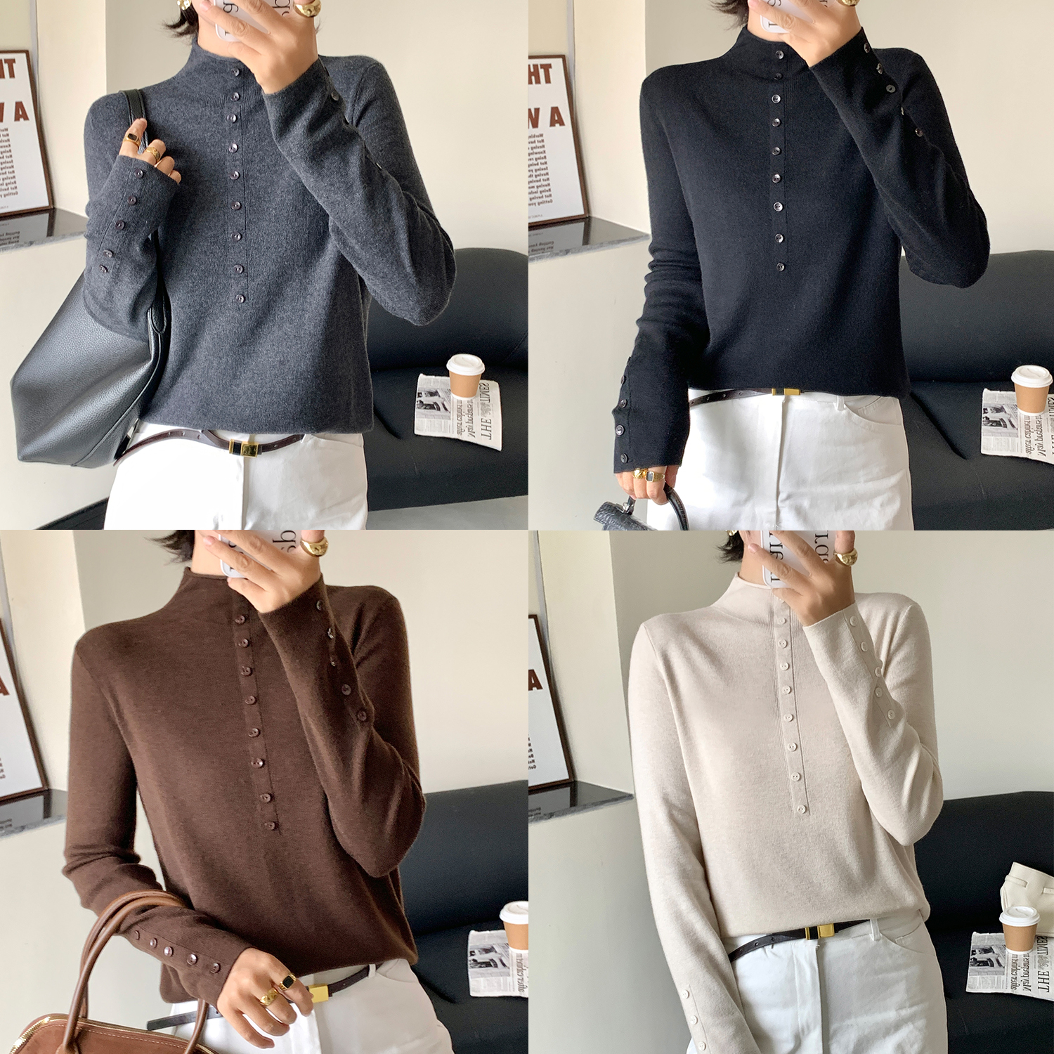 范特依--【羊毛打底衫】女士保暖轻奢百搭优雅气质半高领打底衫8205