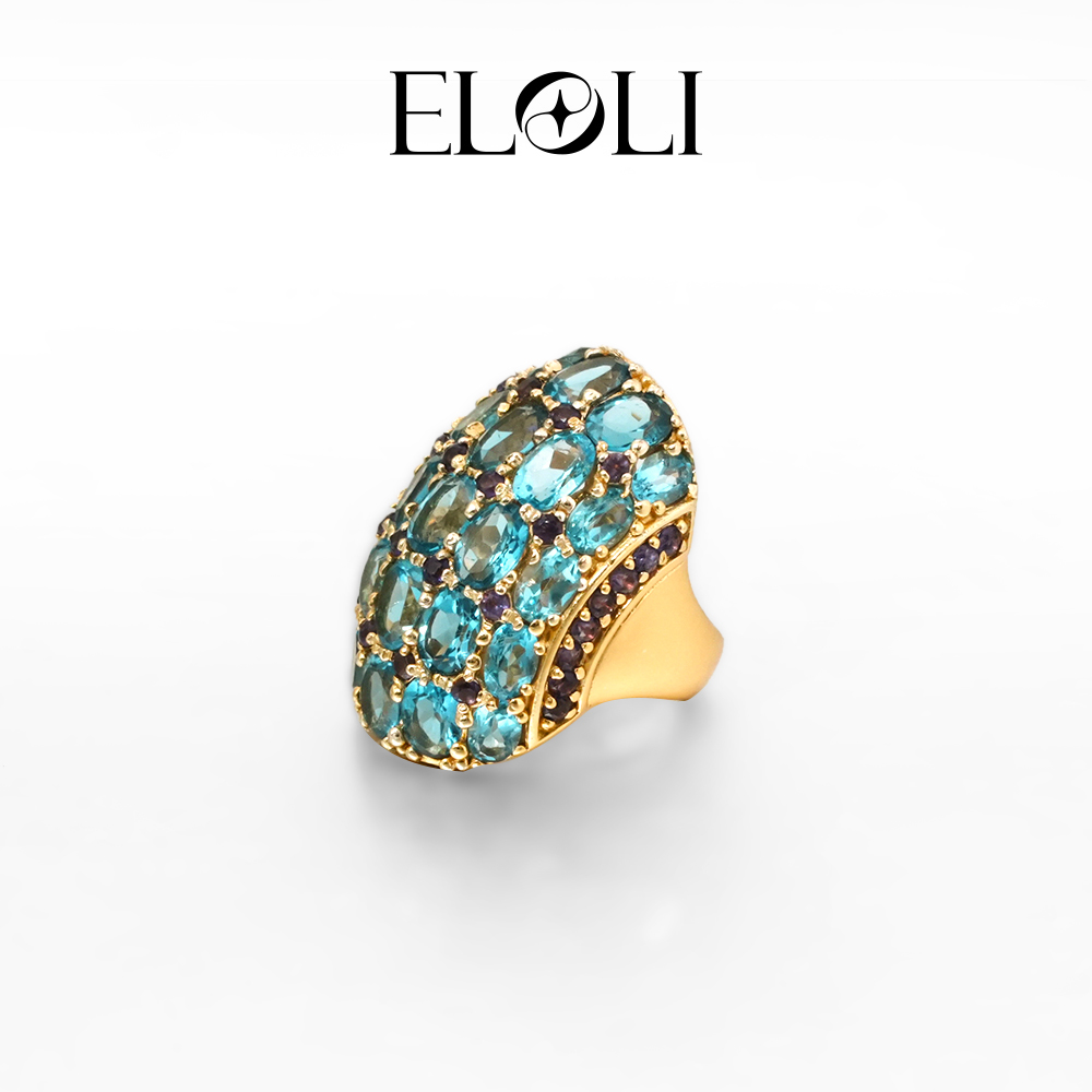 Eloli22K镀金天然彩宝轻奢戒指R2938BT 925银