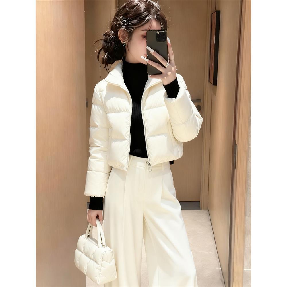 高级感白色短款羽绒棉服女立领拉链显瘦保暖小个子面包服外套冬季