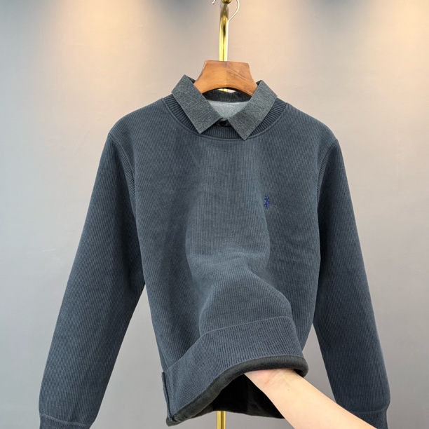 一体绒保暖假两件衬衫领针织衫男士冬季加绒加厚商务休闲打底衫潮