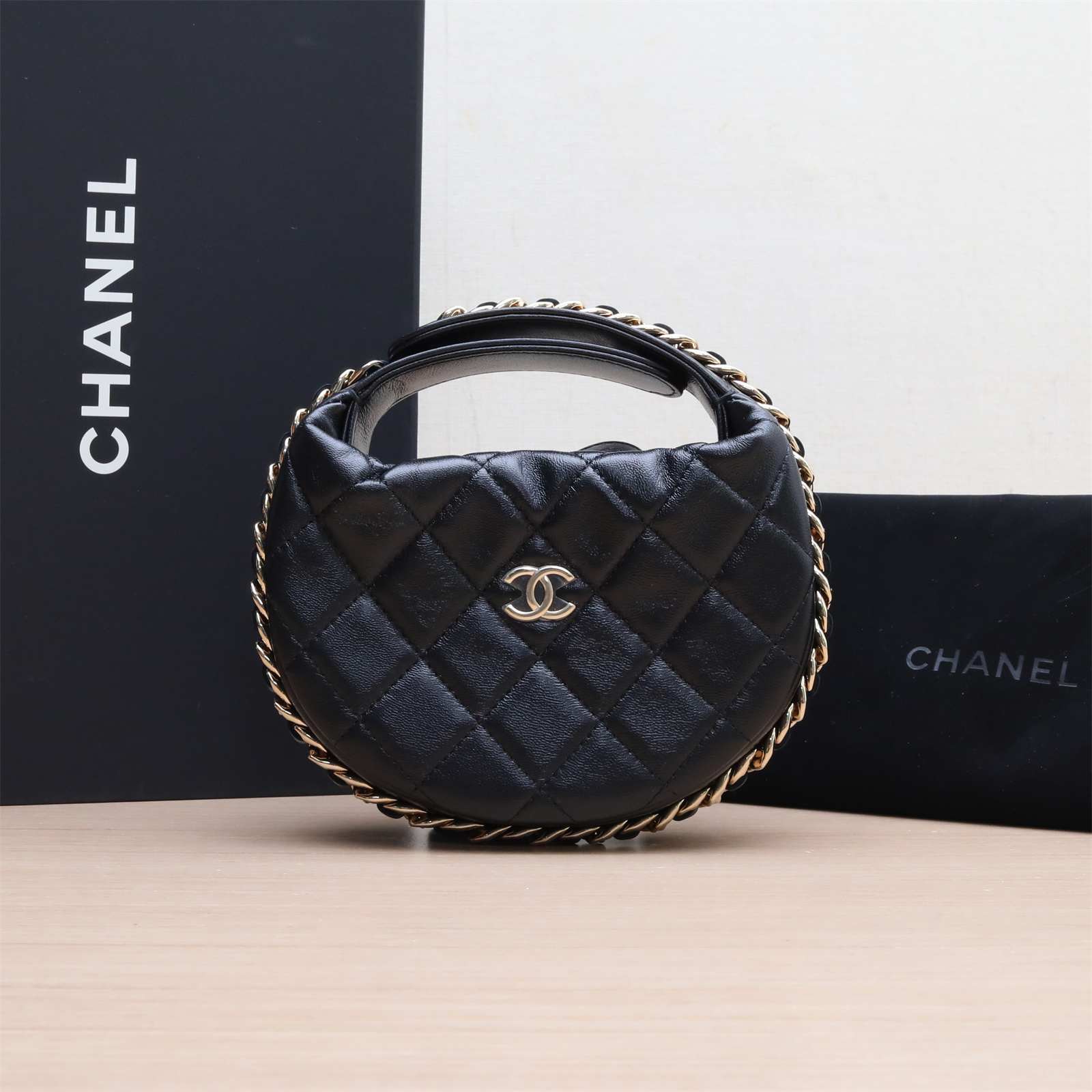 99新 Chanel/香奈儿 活动双双 23C呼啦圈 黑色 皮革S 芯片开 金扣