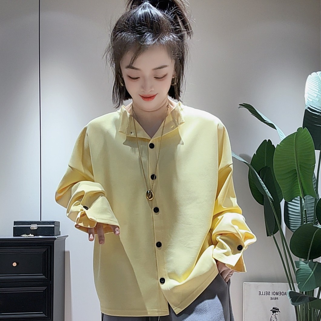 双双韩版新款袖口纽扣前后两穿设计打底纯色宽松百搭长袖T恤开衫