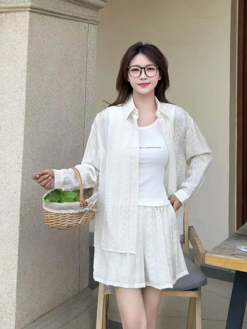 格姐家~夏季爆款清凉减龄设计衬衫套装8909（衣长66胸围116裤长39）