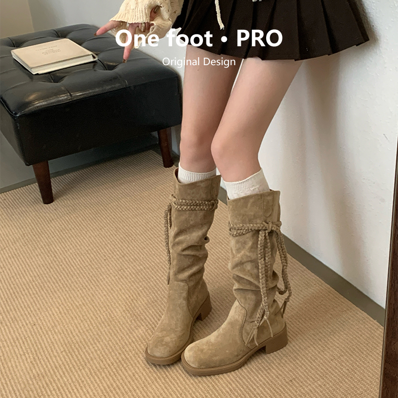 西部牛仔靴女2025新款流苏绑带长筒靴女堆堆靴小个子骑士靴798-1