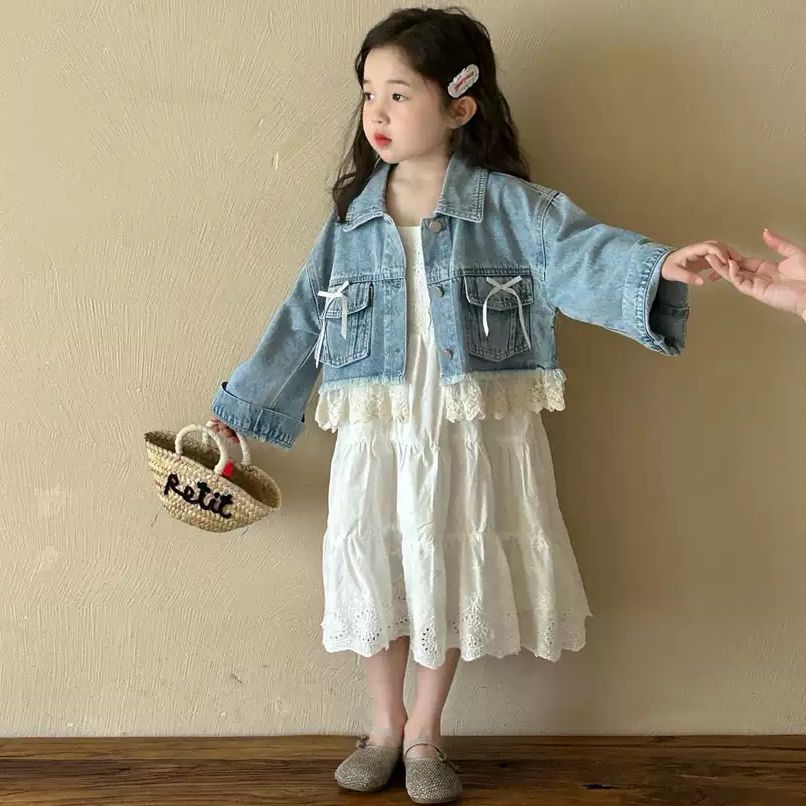 女童春装套装春秋2025新款儿童牛仔外套蕾丝连衣裙洋气两件套韩系