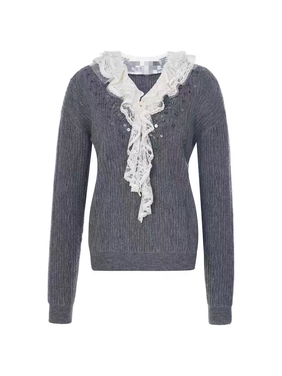 《LFM荷叶蕾丝》姐魅定制新款重工灰色毛衣拼接白蕾丝荷叶领上衣
