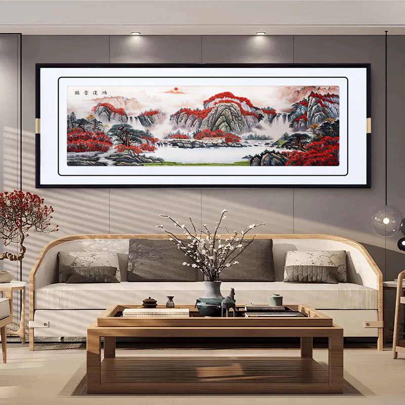 新中式真丝苏绣成品书房山水客厅刺绣挂画鸿运当头沙发背景墙装饰