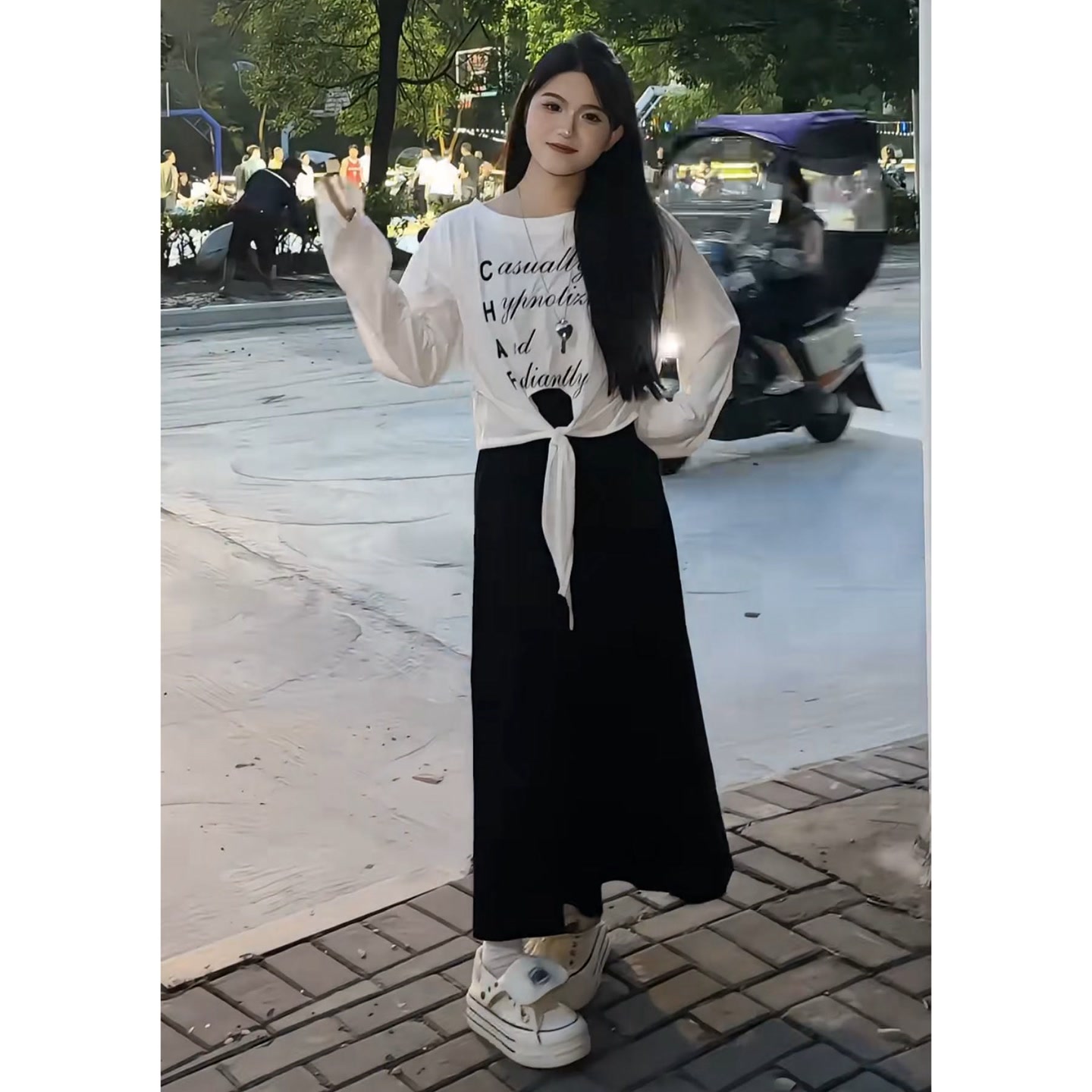 YOO [韩系风]纯欲风长袖绑带T恤半身裙两件套(配项链)631一