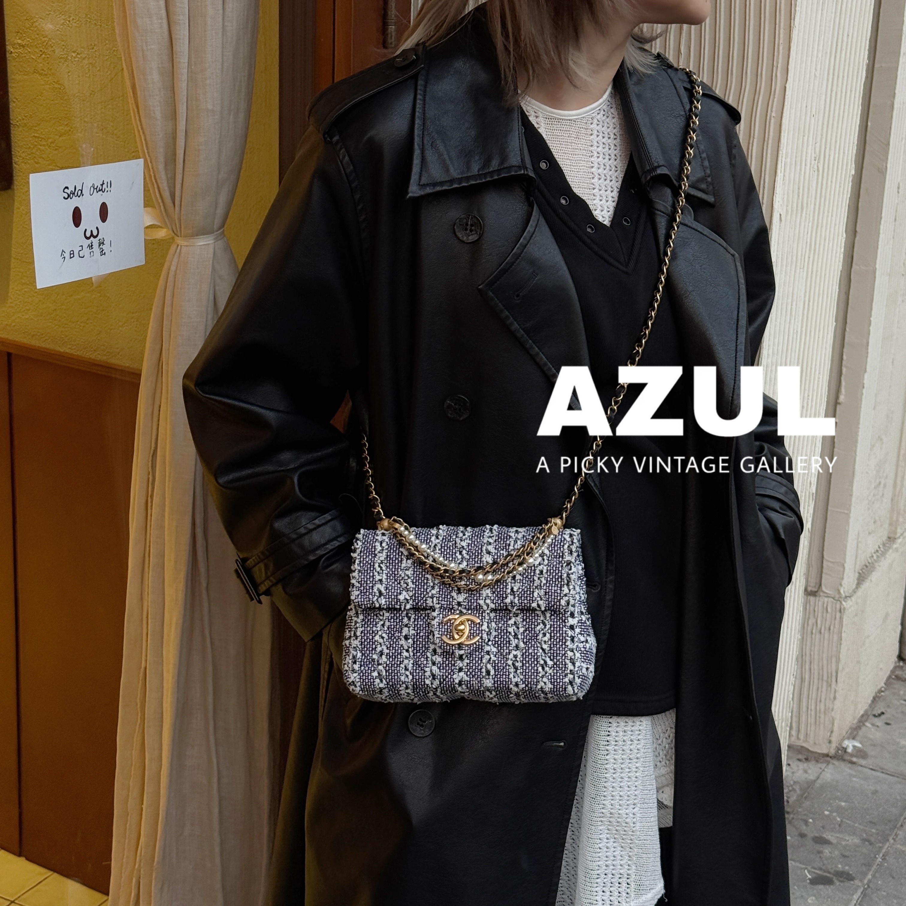 95新 Chanel/香奈儿 24P黑白粗花呢金扣珍珠链方胖子斜挎包 42664