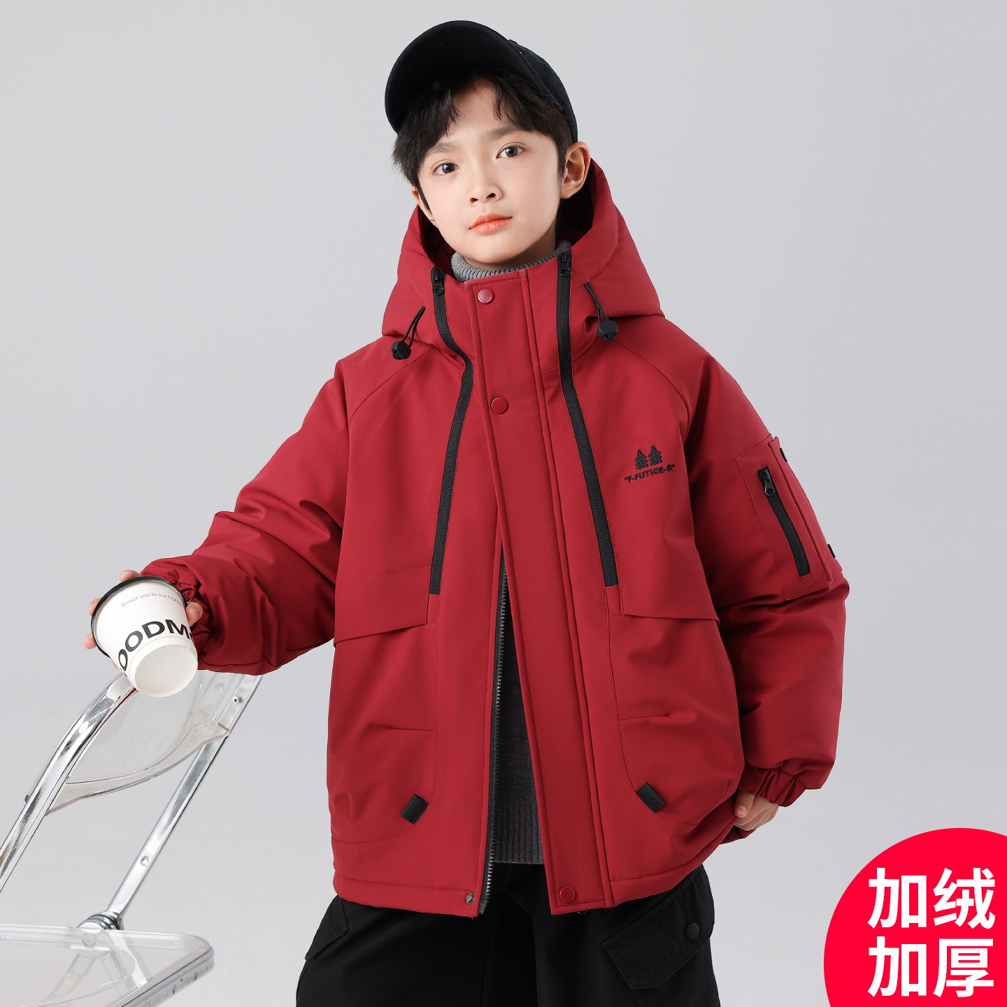 男童深秋加绒加厚外套2025新款加绒加厚中大儿童外套冬装潮C5221