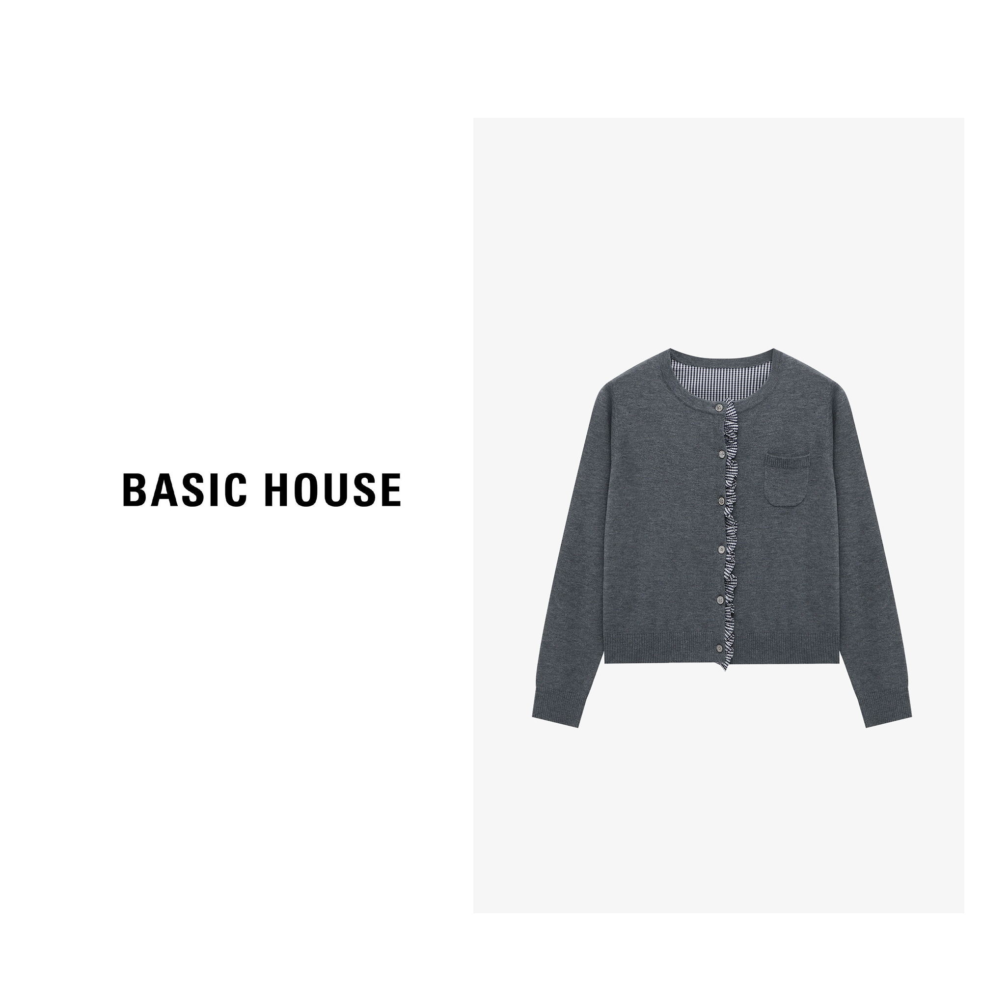 Basic House/百家好秋季新款简约气质花边门襟毛衣-B0625B5FOH2