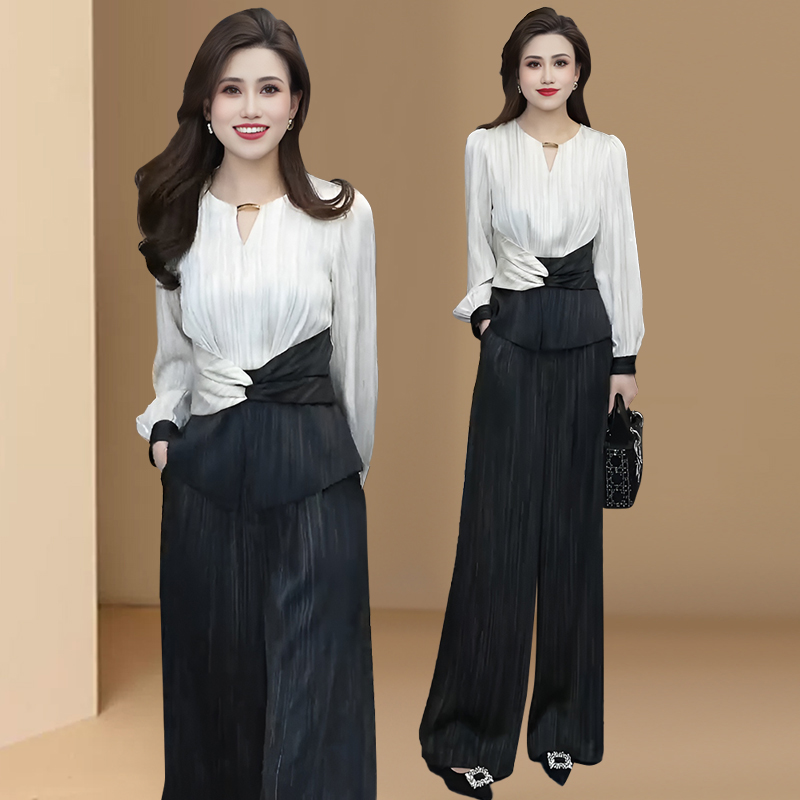 时髦拼接收腰上衣套装女2025春秋新款高级感气质休闲阔腿裤两件套