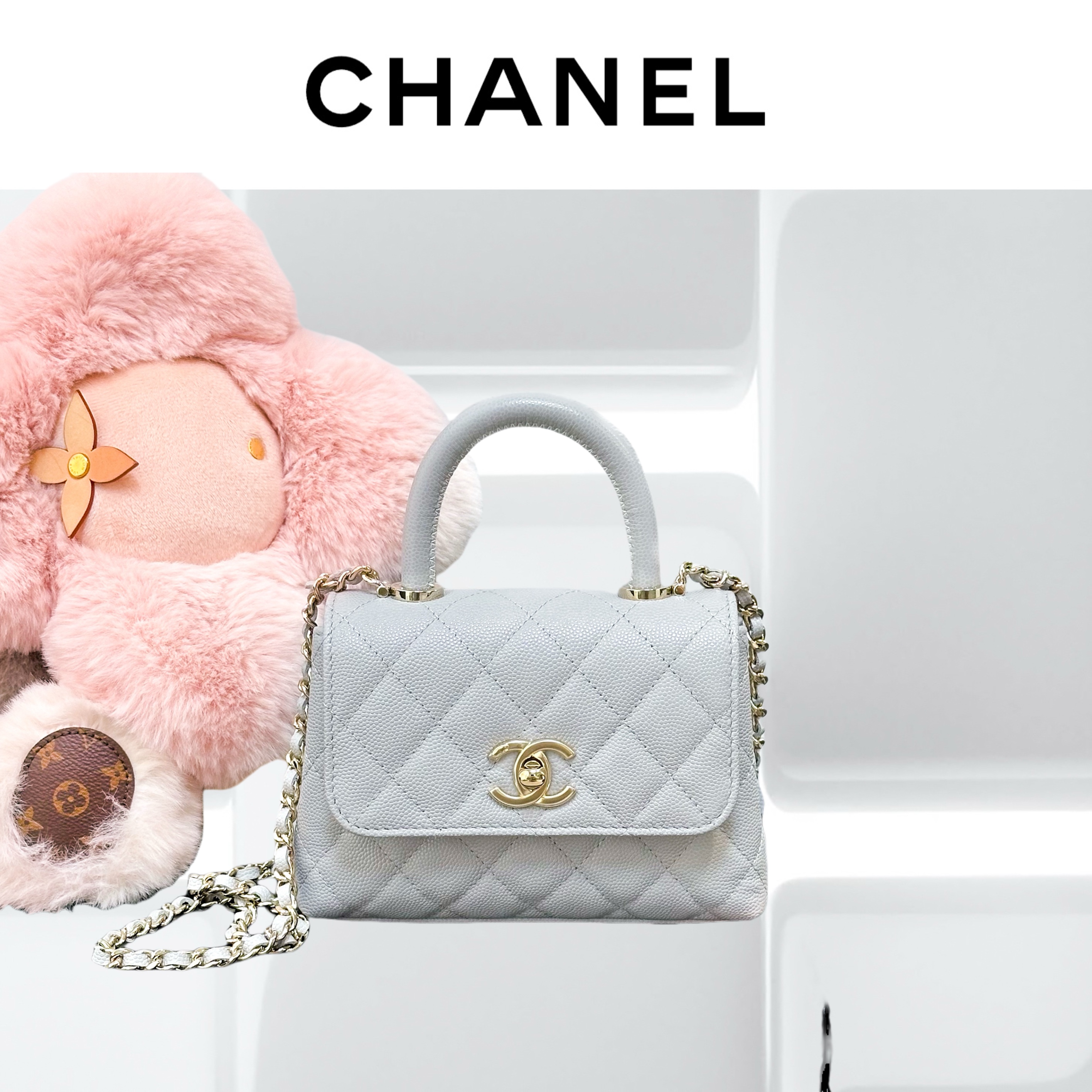 99新 Chanel/香奈儿 25p珍珠灰荔枝皮coco handle mini