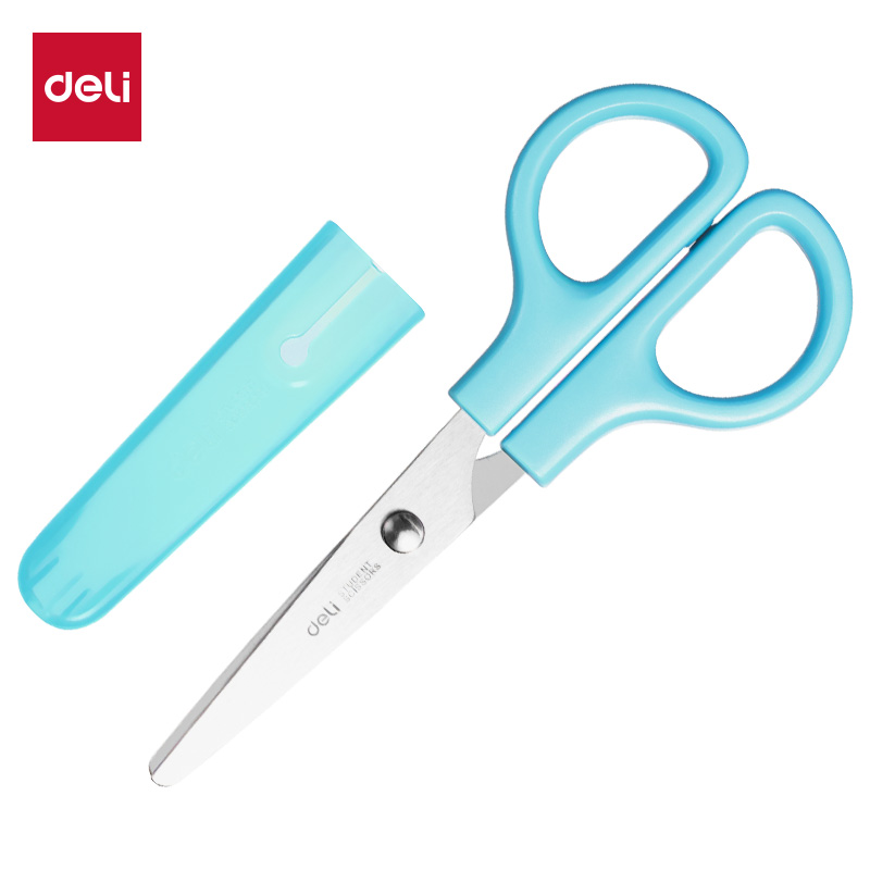 Deli/得力学生安全便携式手工剪刀圆头设计不伤手自带保护套