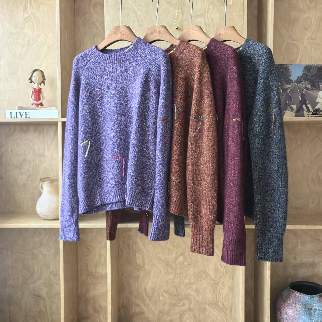 29501秋冬加厚慵懒风复古彩色拉线针织花纱丝羊绒衫