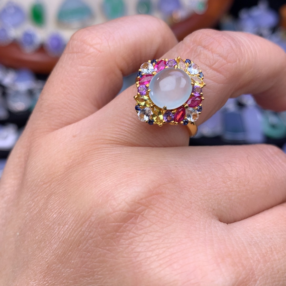 翡翠吊坠(不含链)18K金镶嵌蛋面戒指